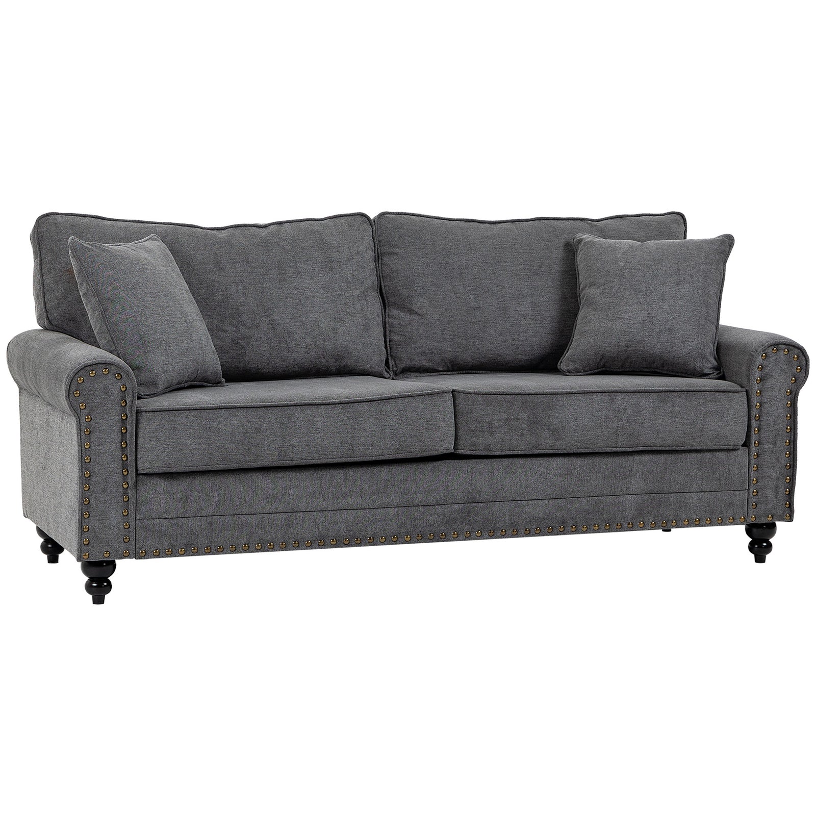 3 Seater Sofa, Fabric Couch with Rubber Wood Legs, 3 Seater Settee with Extra Padded Cushions and Pillows for Living Room, 196W x 80.5D x 89H cm, Grey