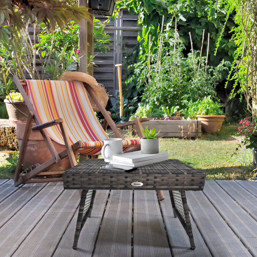 Foldable Outdoor Side Table, Rattan Garden Coffee Table with Steel Frame, Space Saving Bistro Garden Furniture for Patio, Balcony, 60 x 41 x 41 cm, Mixed Grey