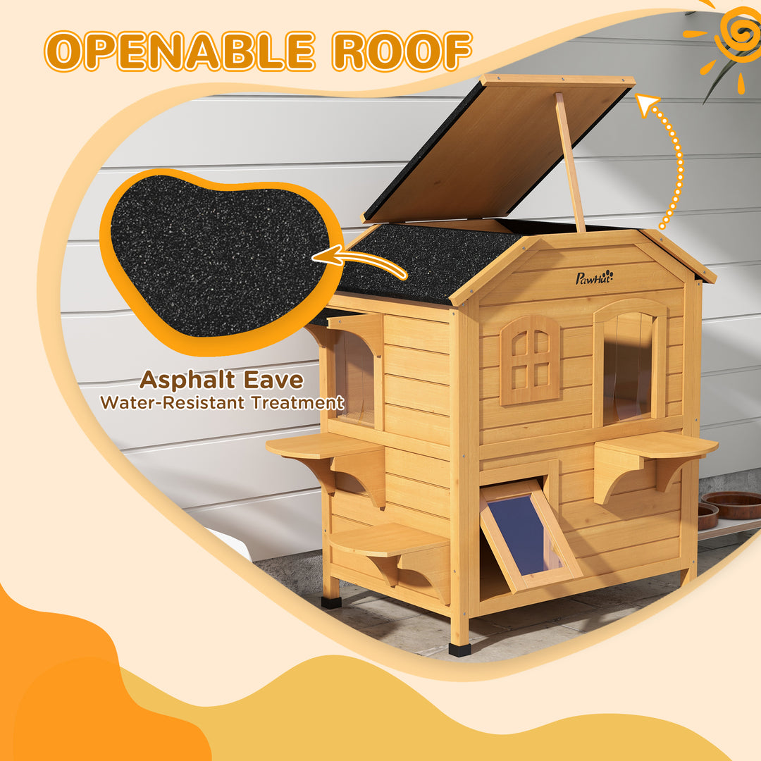 2-story Cat House Outdoor, Weatherproof Wooden Cat Enclosure for Feral Cats with Escape Door, Openable Roof, Jumping Platforms, Natural Wood Finish