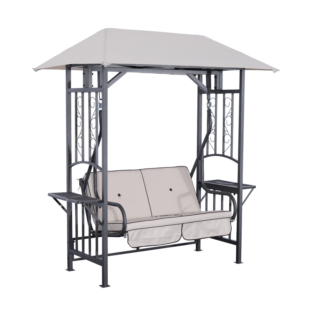 MCL Outdoor Garden 2 Seater Canopy Swing Chair Seat Porch Loveseat Vintage Hammock Cushioned Seat w/ and Side Drink Panel