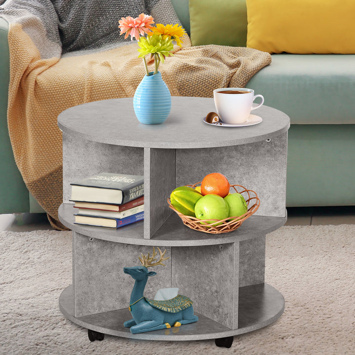 HOMCOM 2 Tier Round Side End Table Coffee Desk with Divided Shelves Tea Table Storage Unit Living Room Organiser with Wheels - Cement colour