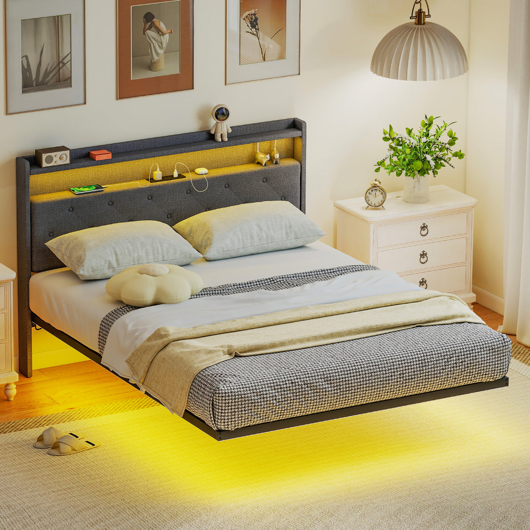 Floating Bed Frame, Upholstered 4ft6 Double Size Bed, Platform Bed wit