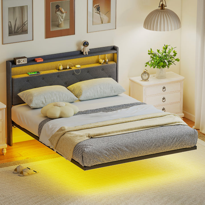 Floating Bed Frame, Upholstered 4ft6 Double Size Bed, Platform Bed wit
