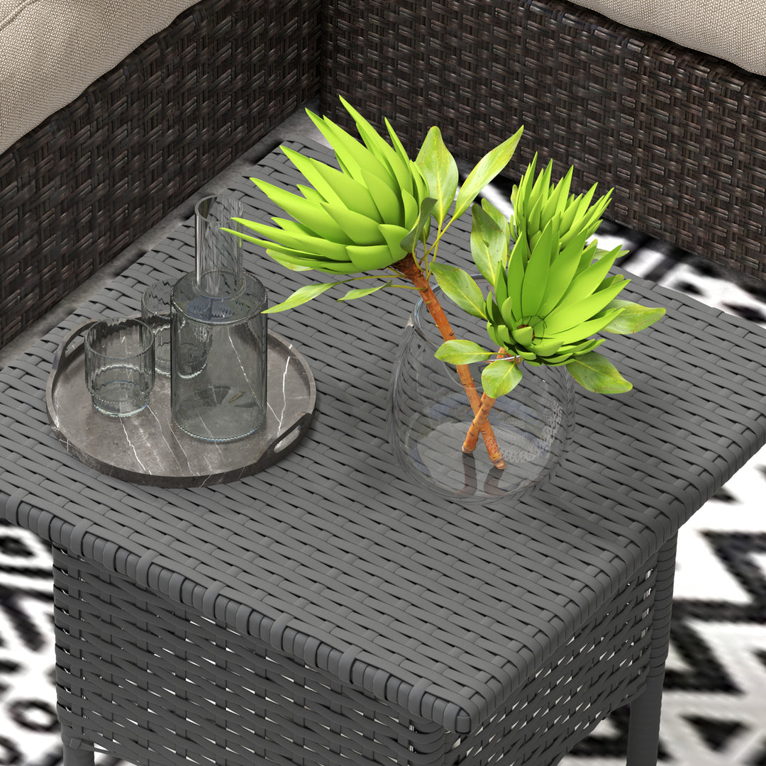 Rattan Side Table, Outdoor Coffee Table with Plastic Board Under the Full Woven Table Top for Patio, Garden, Balcony, Grey