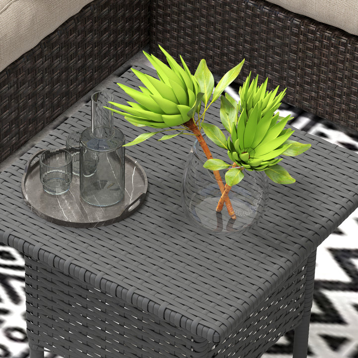 Rattan Side Table, Outdoor Coffee Table with Plastic Board Under the Full Woven Table Top for Patio, Garden, Balcony, Grey