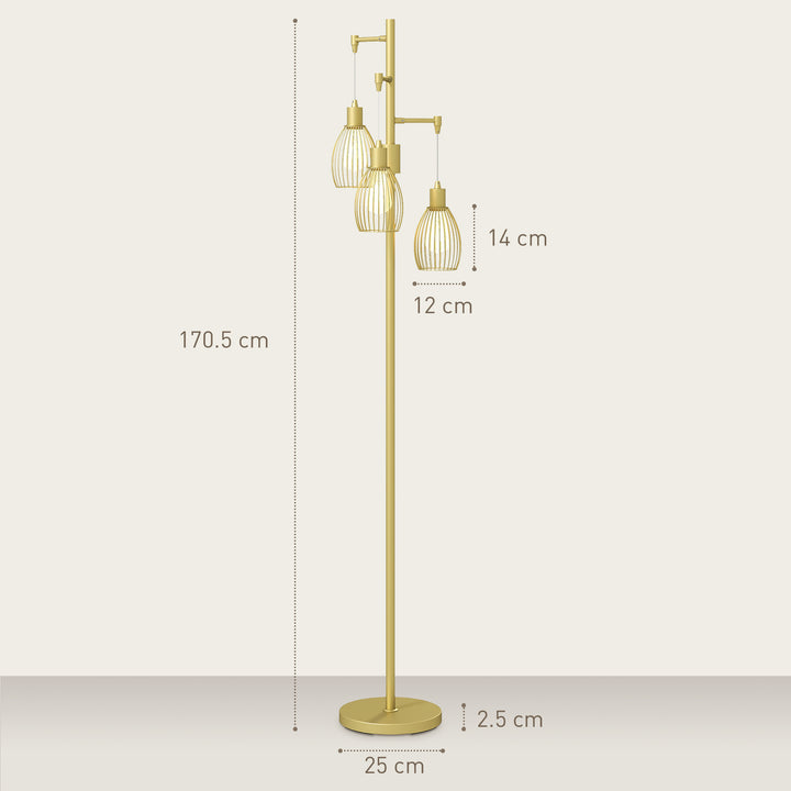 3-Light Floor Lamp, 170cm Industrial Dimmable Standing Lamp with Steel Wire Cage Lampshades for Living Room, Bedroom, Dining Room, Study, Gold Tone