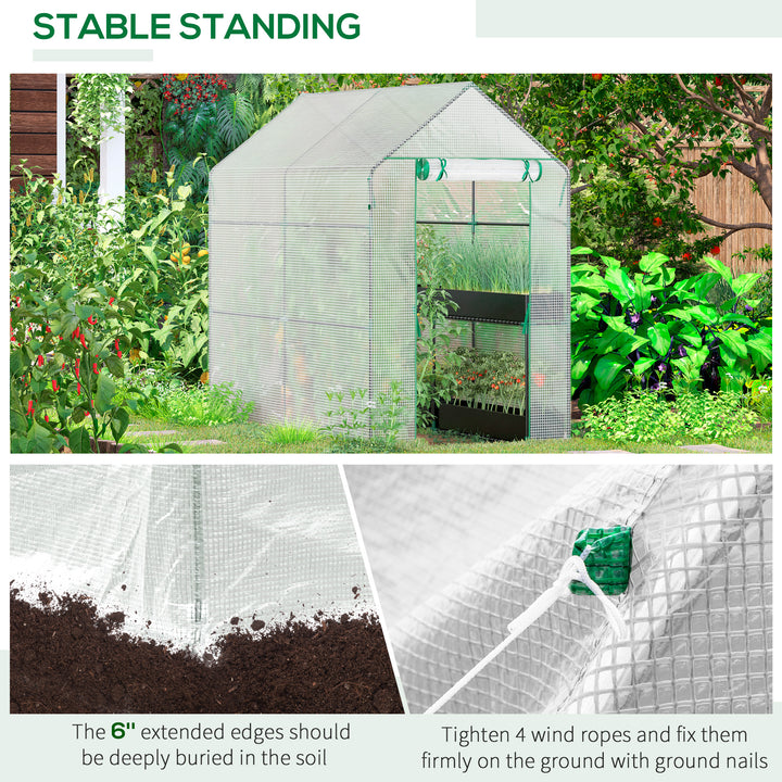Walk In Greenhouse with 2-Tier Shelves, Roll up Zip Panel Door, Garden Polytunnel Steeple Grow House for Outdoor, 6 x 4 x 6ft White