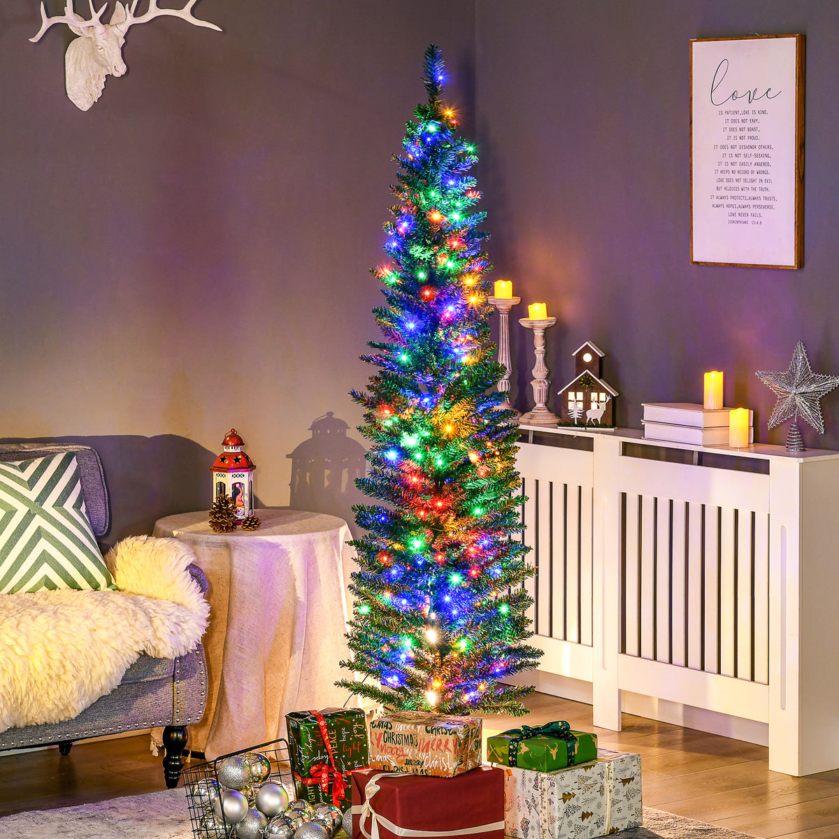 HOMCOM 6' Artificial Prelit Christmas Trees Holiday Décor with Colourful LED Lights, Pencil Shape, Steel Base