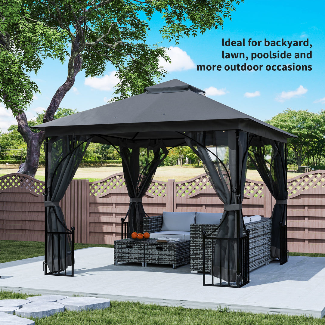 MCL 3 x 3m Garden Gazebo Patio Party Tent Shelter Outdoor Canopy Double Tier Sun Shade with Metal Frame and Netting, Dark Grey