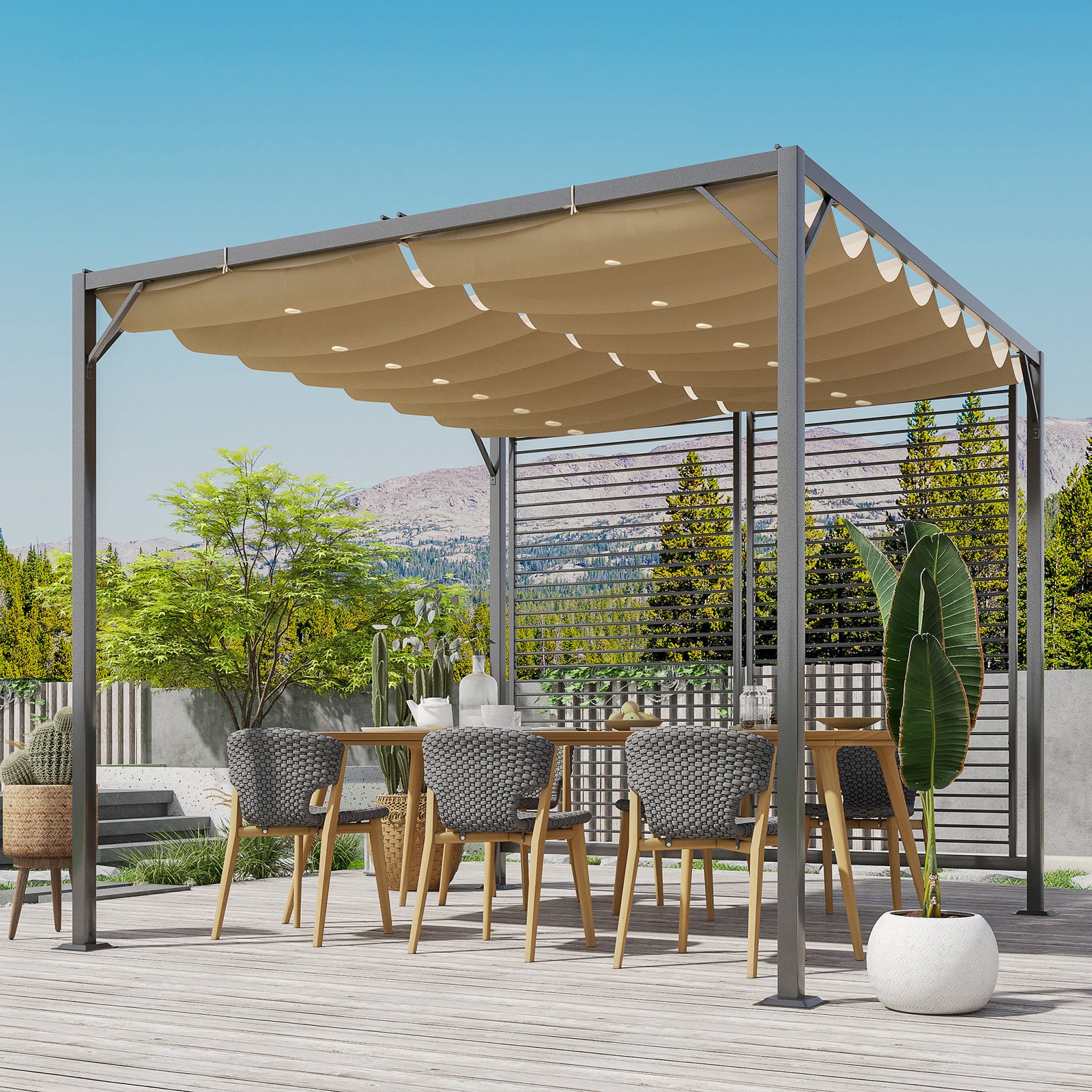 3 x 2.8m Metal Pergola, with Retractable Fabric Roof - Beige