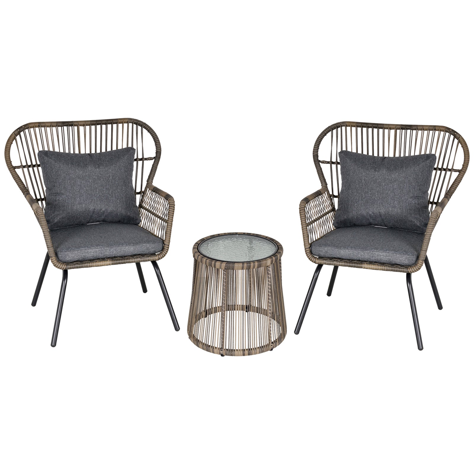 3 Pieces Rattan Bistro Set, Wicker Garden Furniture Set with Cushions, Glass Top Coffee Table and Chairs for Outdoor, Patio, Balcony, Grey