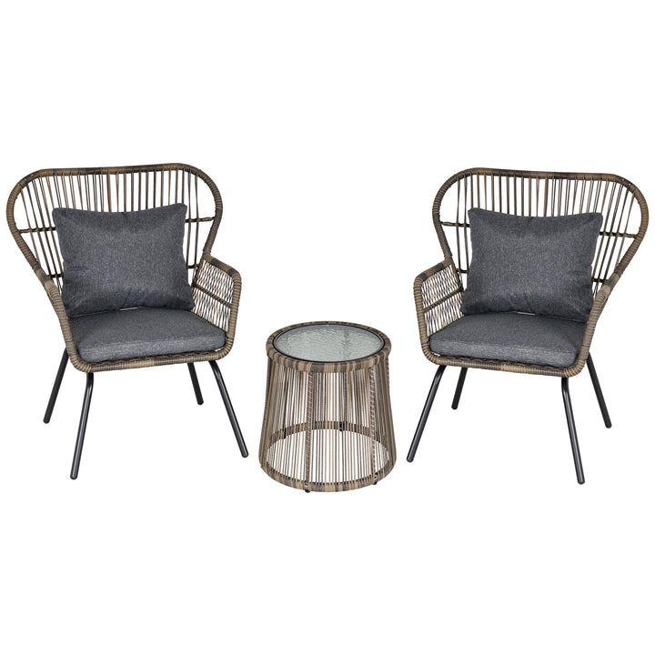 3 Pieces Rattan Bistro Set, Wicker Garden Furniture Set with Cushions, Glass Top Coffee Table and Chairs for Outdoor, Patio, Balcony, Grey