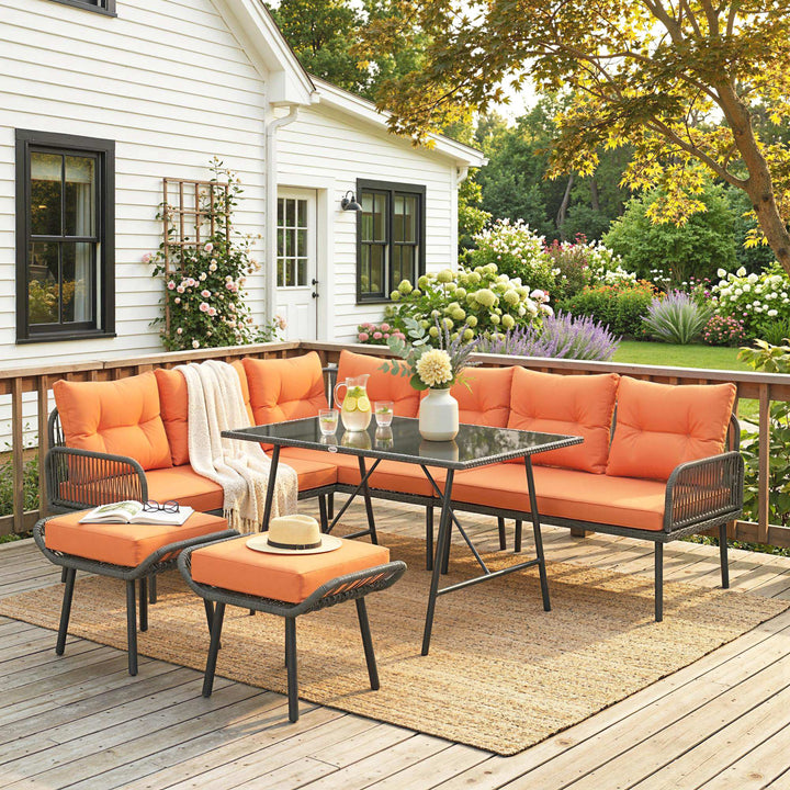 6 Piece Rattan Garden Furniture Set, 8 Seater Garden Corner Sofa with 