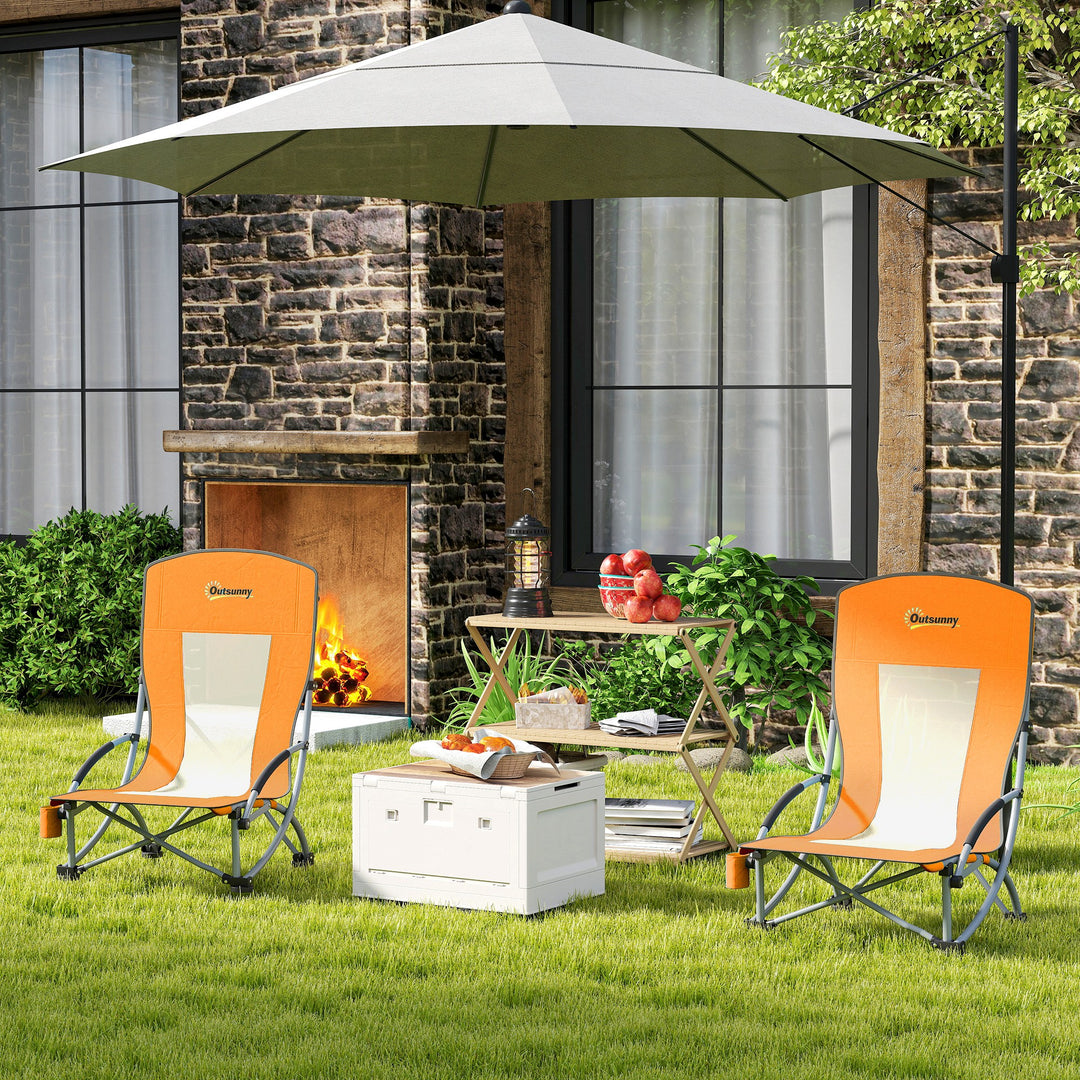 Set of 2 Folding Beach Chair, Low Camping Chair with Mesh Back, Carry Bag and Cup Holder for Garden Outdoor Picnic Festival Travel, Orange