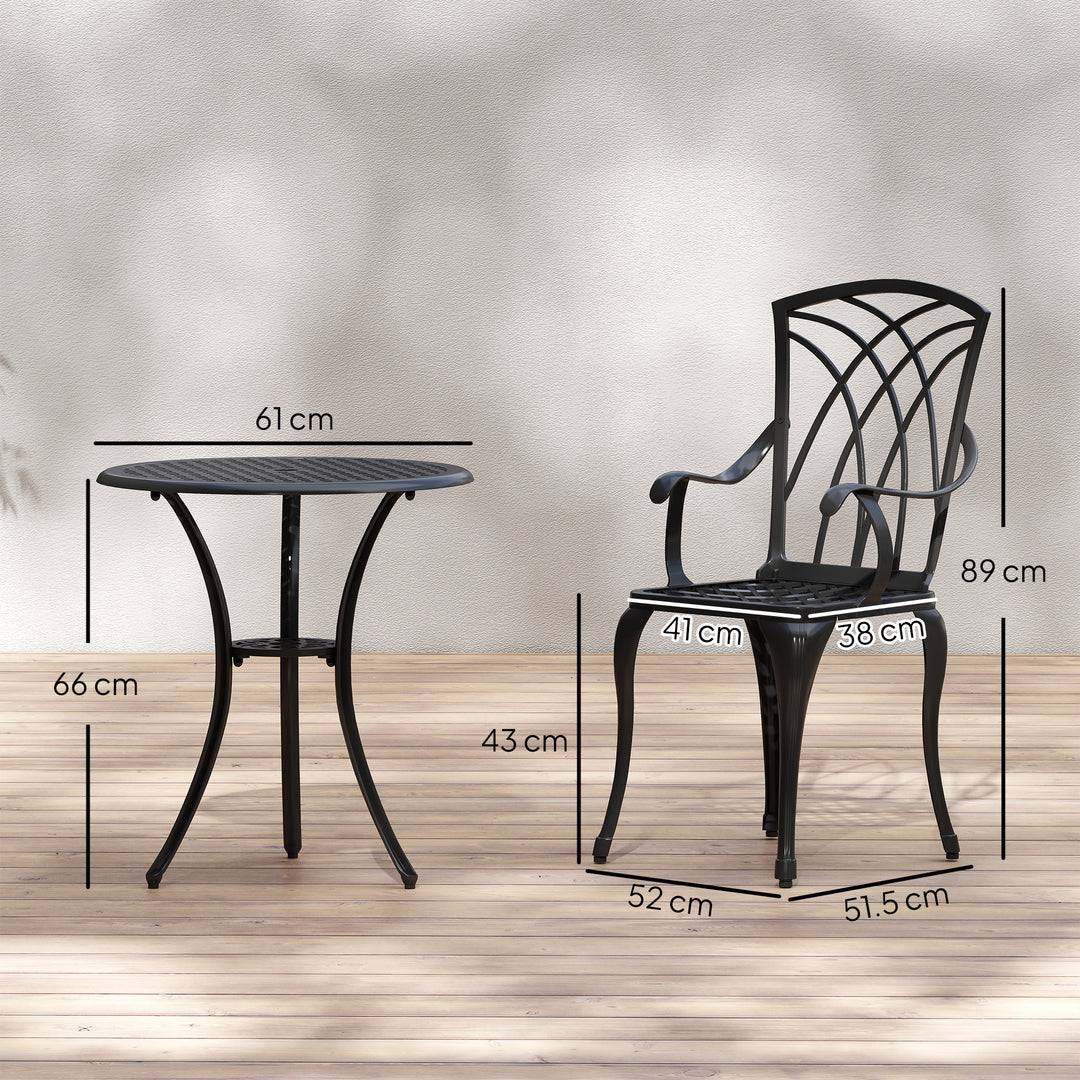 3 Pieces Garden Dining Set for 2, Cast Aluminium Outdoor Dining Set with 2 Armchairs and Round Dining Table with Parasol Hole, Garden Furniture Set, Brown