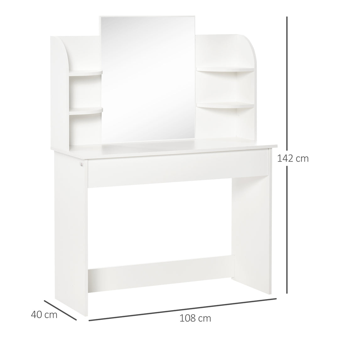 Modern Dressing Table Writing Desk W/ Mirror, Big Drawers, 2-Tier Open Shelf For Home Bedroom White