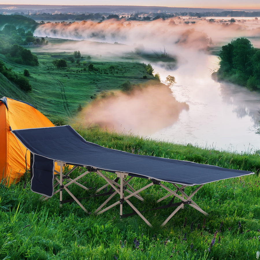 Single Person Camping Bed Folding Cot Outdoor Patio Portable Military Sleeping Bed Travel Guest Leisure Fishing with Side Pocket and Carry Bag - Blue