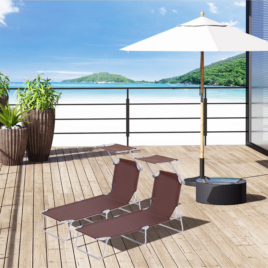 2 Pieces Outdoor Foldable Sun Lounger, 4 Level Adjustable Backrest Reclining Sun Lounger Chair with Angle Adjust Sun Shade Awning for Beach, Garden, Patio, Brown