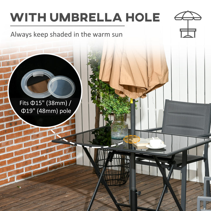 Folding Outdoor Dining Table for 6, Rectangle Garden Table Tempered Glass Top with Parasol Hole Garden Lawn Backyard, 110 x 70 x 70 cm