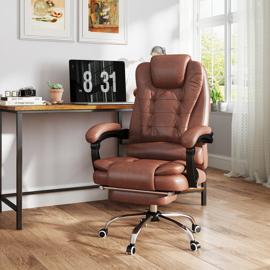 Heated 6 Points Vibration Massage Executive Office Chair Adjustable Swivel Ergonomic High Back Desk Chair Recliner with Footrest Brown