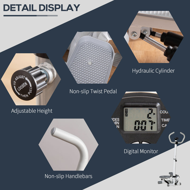 MCL Adjustable Twist Stepper Aerobic Ab Exercise Fitness Workout Machine w/ LCD Screen, Height Adjust Handlebars for Home Gym, White and Grey