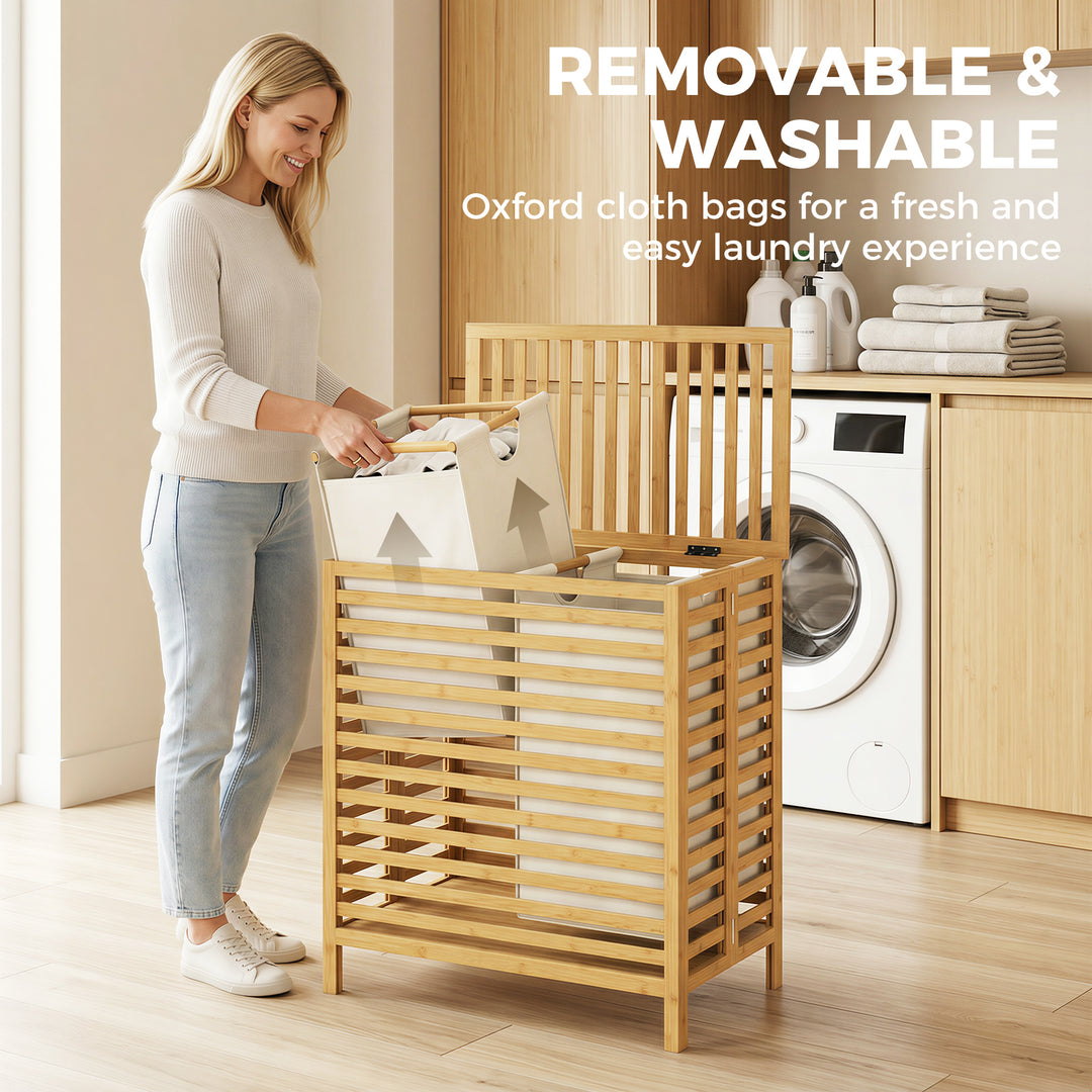 Bamboo Laundry Basket with Lid, 2 Baskets, Foldable, 64L, Natural and 
