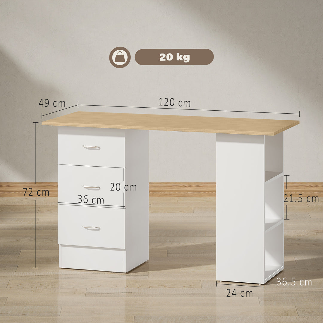 Computer Desk, Writing Table, PC Workstation with 3 Storage Shelves and Drawers, Silver Handle, for Home Office, Natural Wood Finish and White