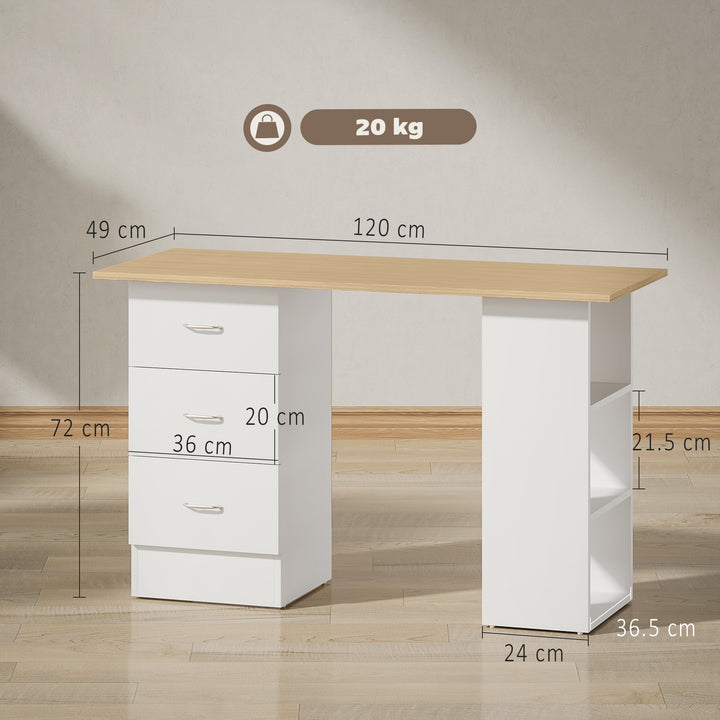 Computer Desk, Writing Table, PC Workstation with 3 Storage Shelves and Drawers, Silver Handle, for Home Office, Natural Wood Finish and White