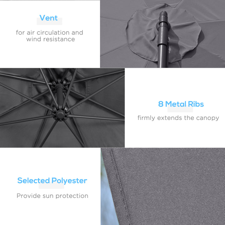 3(m) Garden Parasol Sun Shade Patio Banana Hanging Umbrella Cantilever with Crank Handle and Cross Base Grey
