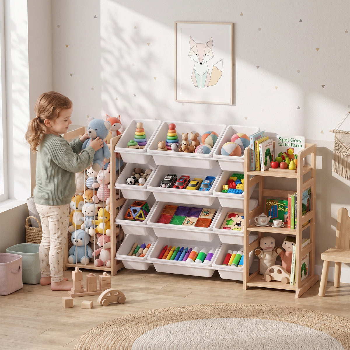 Wooden Toy Storage Unit with Stuffed Animal Storage, Bookshelf and 12 - view 2