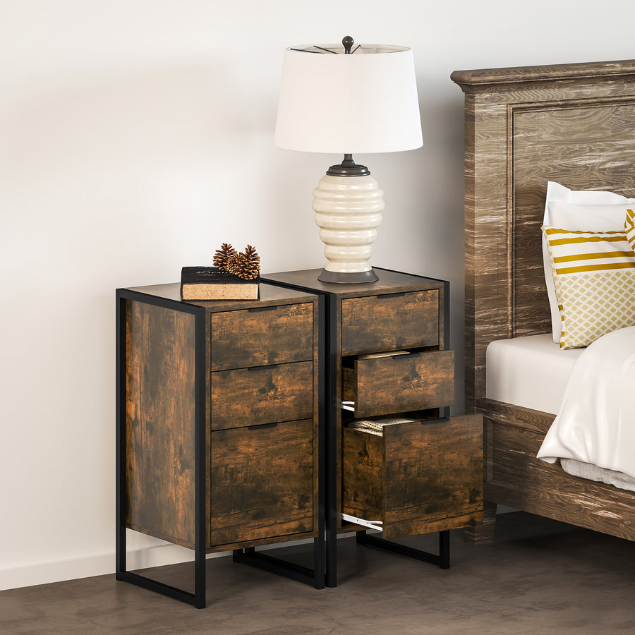 Bedroom Chest of Drawers Set of 2, Industrial 3-Drawer Dresser, Storage Drawers Unit with Metal Frame for Living Room, Rustic Brown