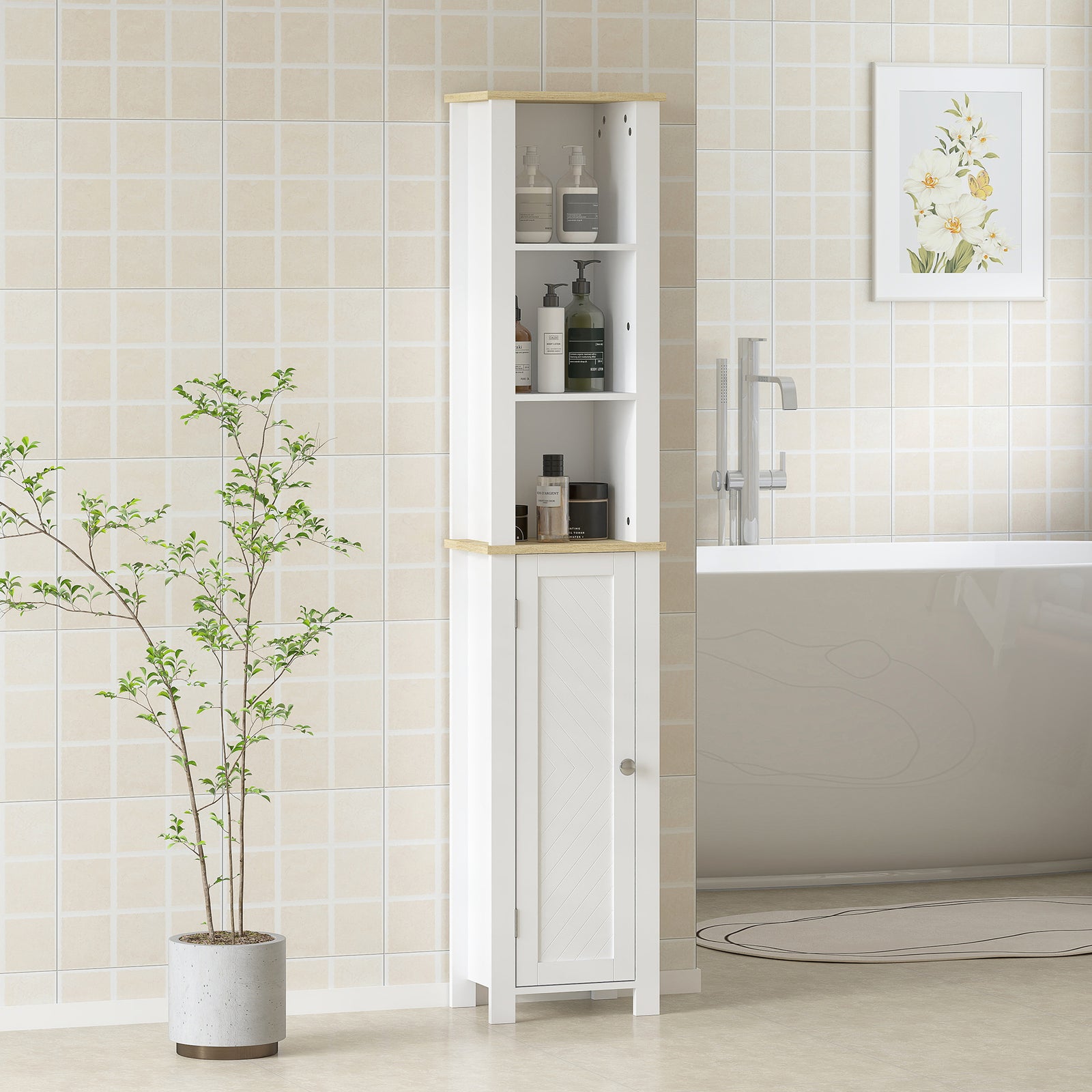 Slim Bathroom Storage Unit with Open Compartment, Bathroom Storage Cabinet with Adjustable Shelf, 34 x 23 x 165 cm, White