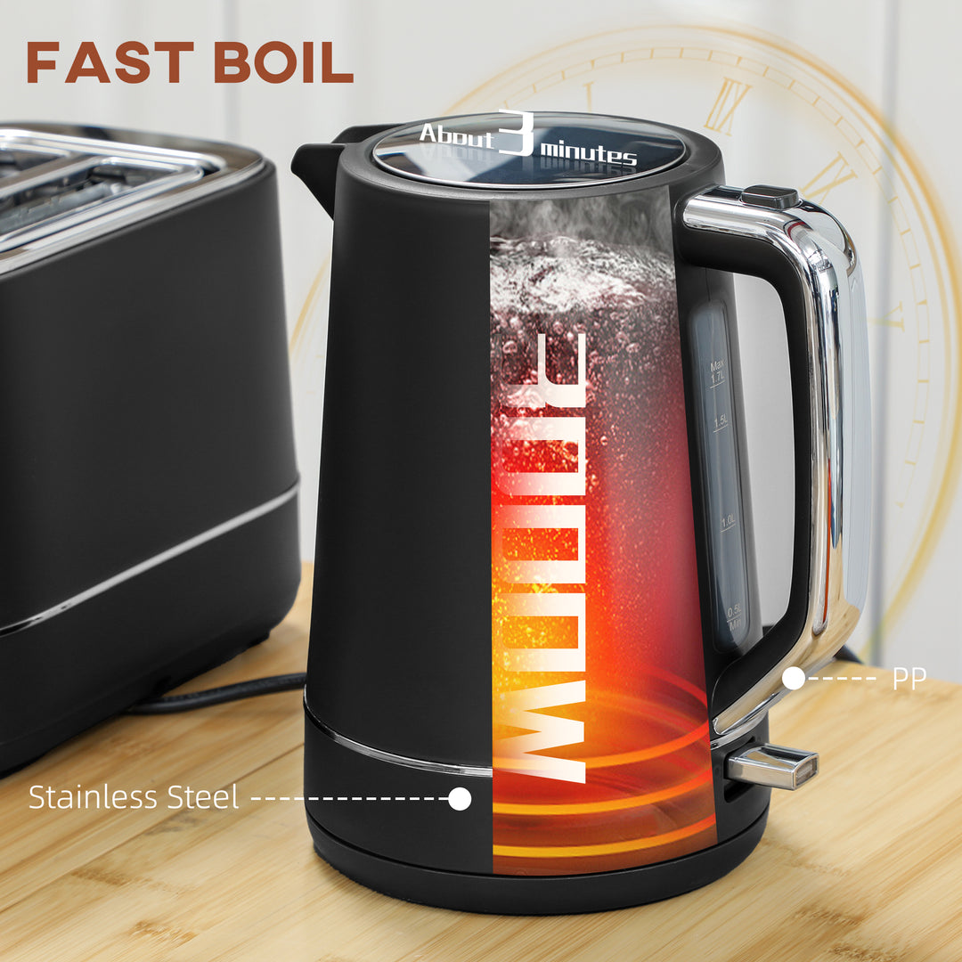Kettle and Toaster Set, 1.7L 3000W Fast Boil Kettle & 2 Slice Toaster Kitchen Set with 6 Level Browning Controls, Defrost, Reheat, Black