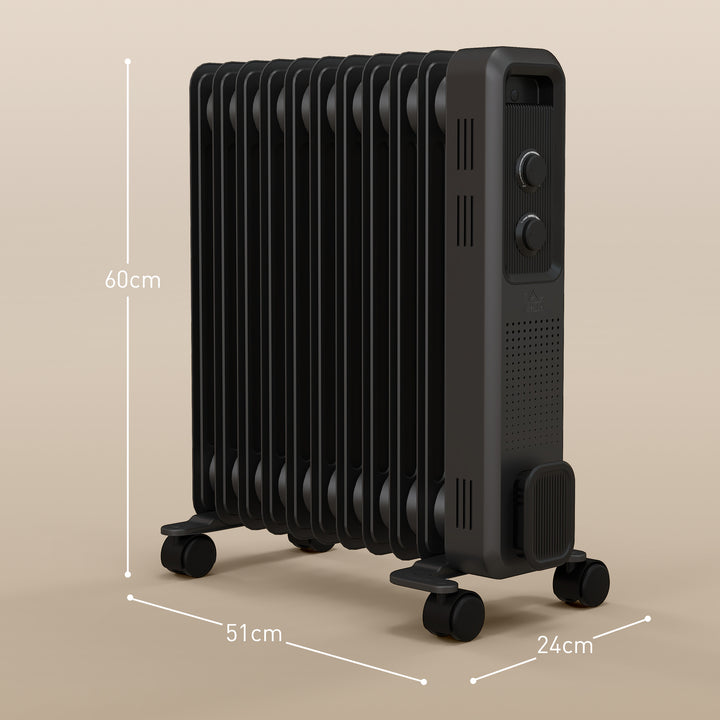 HOMCOM 2500W Oil Filled Radiator, 11 Fin, Portable Electric Heater with 3 Heat Settings, Safety Cut-Off and Wheels, Grey