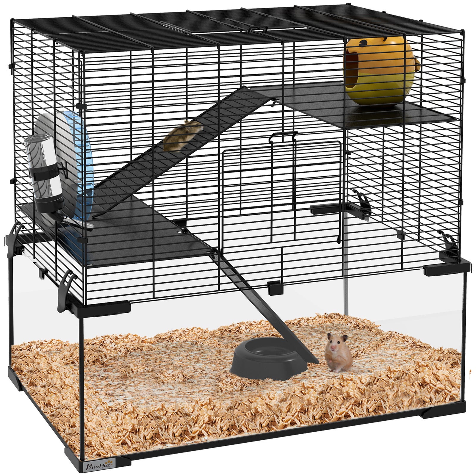 3 Tiers Hamster Cage, Gerbil Cage with Deep Glass Bottom, Non-Slip Ramps, Platforms, Hut, Exercise Wheels, Water Bottle, Dish, for Syrian Hamster, Dwarf Hamster, 60 x 40 x 54.5cm