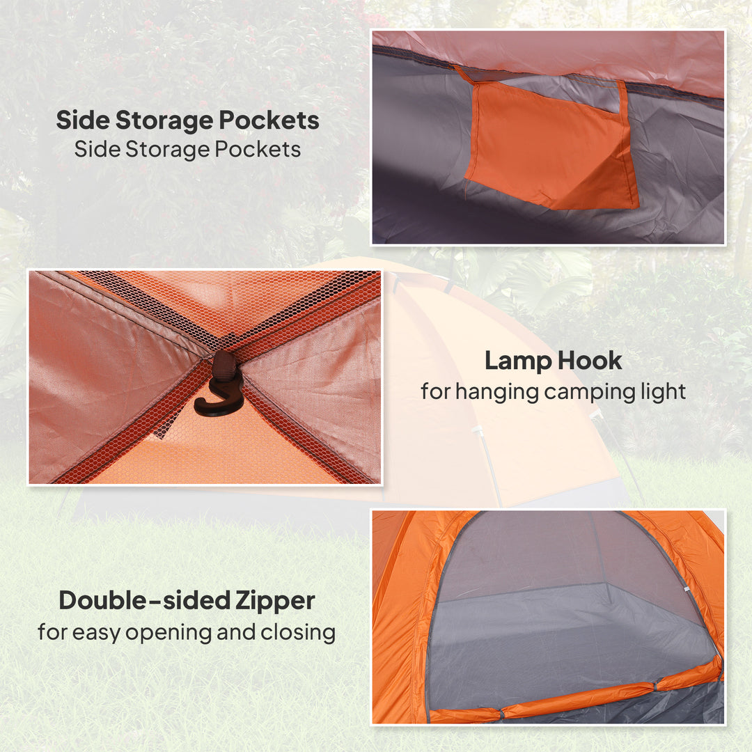 2 Person Camping Tent, Dome Tent with Zipped Doors, Storage Pocket, Portable Handy Bag, Orange