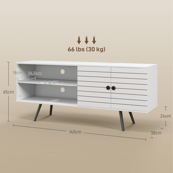 TV Stand with Cupboard, Open Shelves, Striped Doors, Wooden legs, White