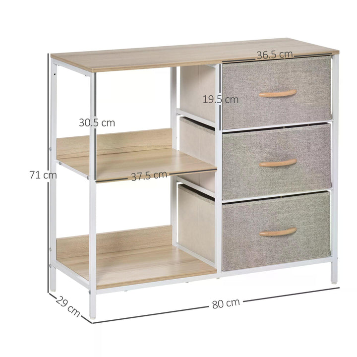 HOMCOM Storage Dresser with 3 Fabric Drawers & 2 Display Shelves, Chest of Drawers for Living Room, Bedroom, Hallway, Beige