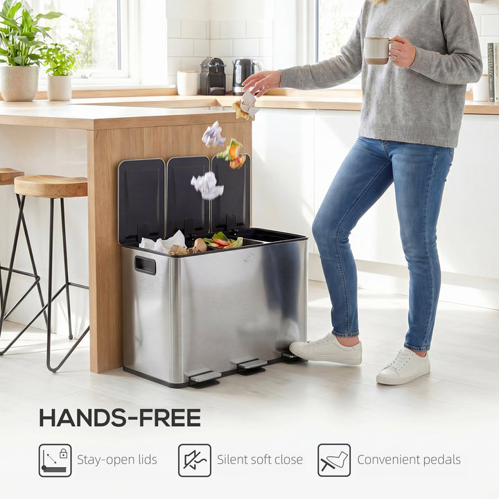 3 x 20L Pedal Bin, Steel Triple Kitchen Bin with Soft Close Lid, Remov