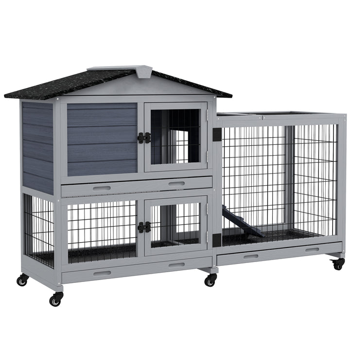 PawHut Portable Rabbit Cage, Rabbit Hutch with Run, Wheels, 3 Slide-out Trays, Ramp, Openable Top for Outdoor Indoor - Grey