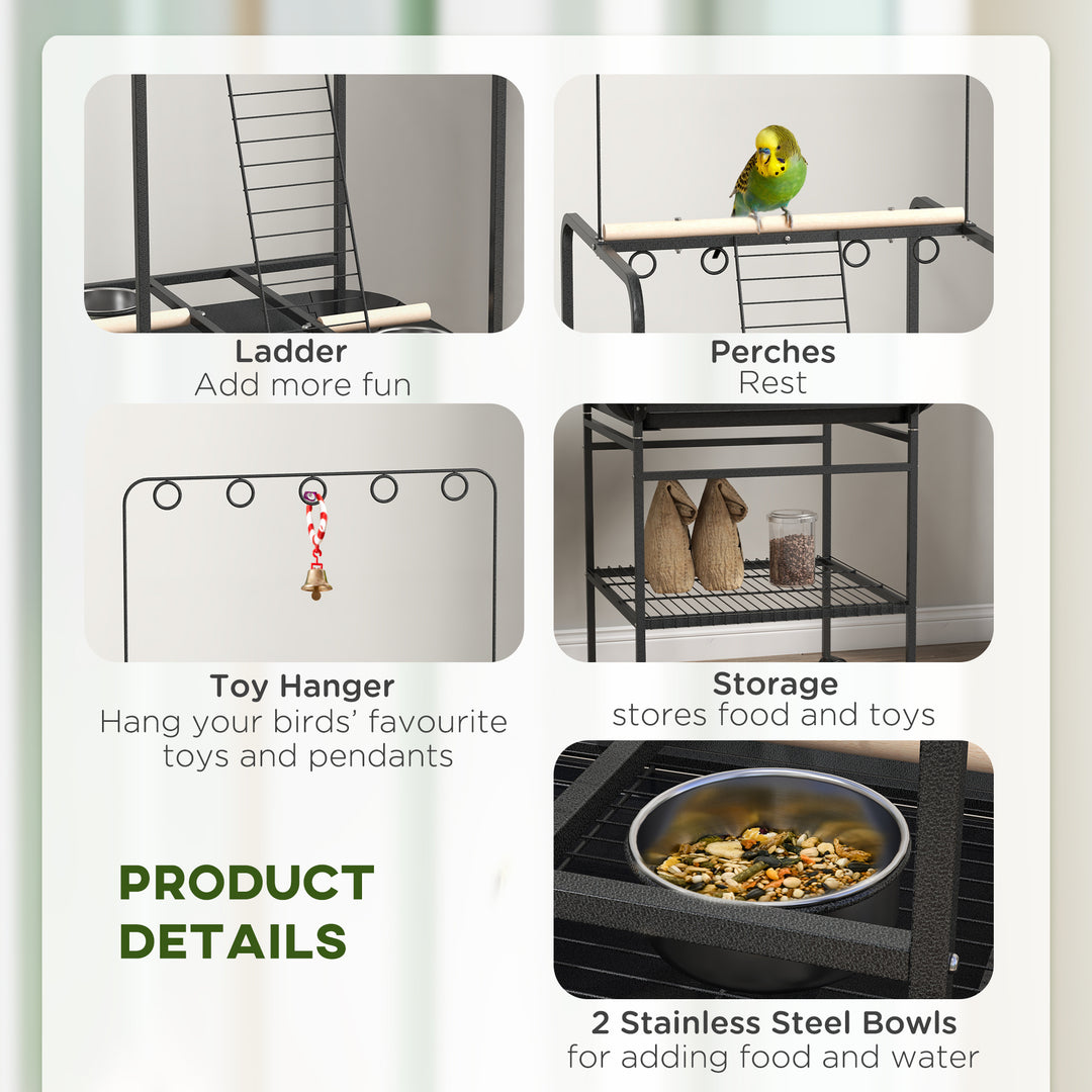 PawHut Bird Feeding Station: Steel Table with Perches, Stainless Bowls & Outdoor Tray, Dark Grey | Aosom UK