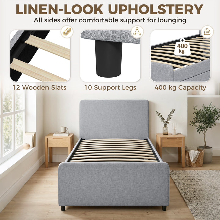 3ft Single Bed Frame with Trundle, Upholstered Pull Out Trundle Bed wi