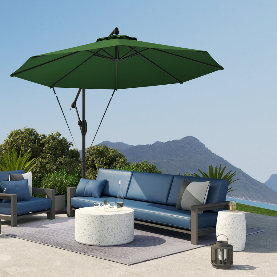3(m) Garden Cantilever Parasol with Cover and Wind Protection Strap, Round Overhanging Umbrella with Crank Handle and Tilt, Banana Patio Umbrella for Outdoor Sun Shade, UPF50+, Green