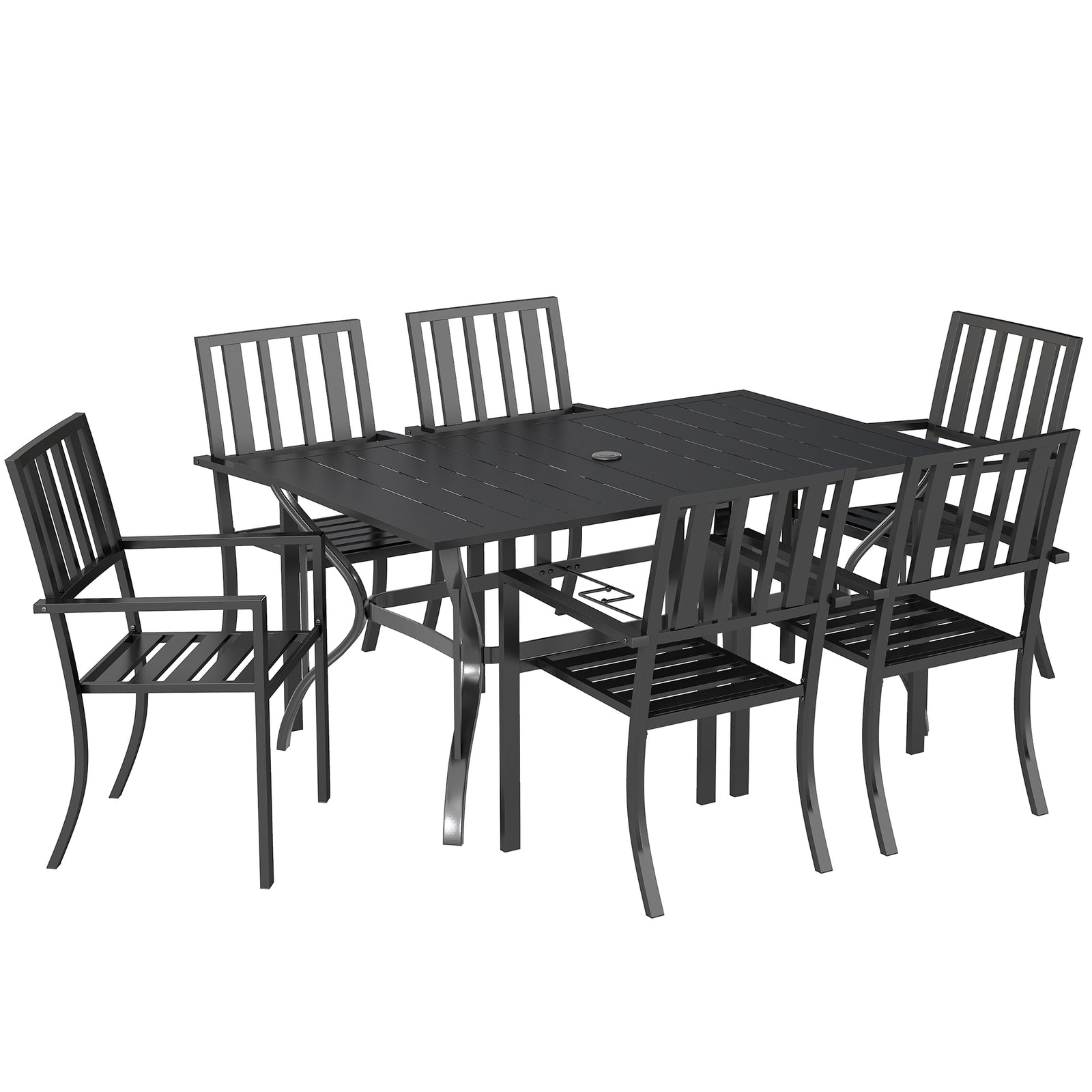 7 Pieces Garden Table and Chairs 6 Seater Outdoor Table and Chairs with Umbrella Hole, for Poolside, Garden, Black