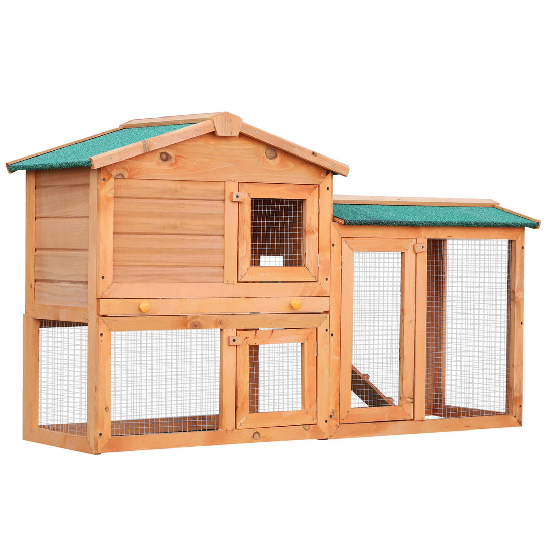 Rabbit 2 Tier Fir Wood Small Animal Hutch Guinea Pigs Hutches w/ Ramp Brown