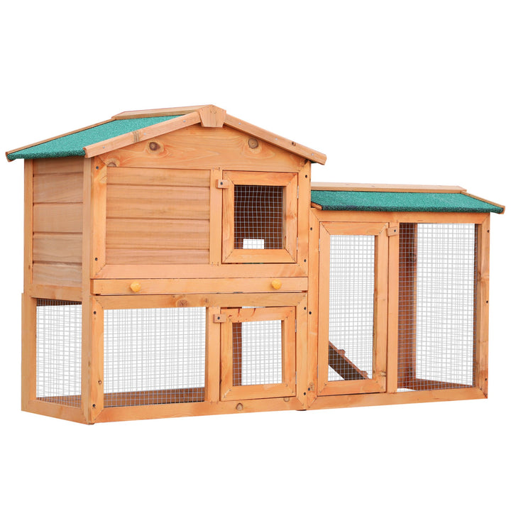 Rabbit 2 Tier Fir Wood Small Animal Hutch Guinea Pigs Hutches w/ Ramp Brown