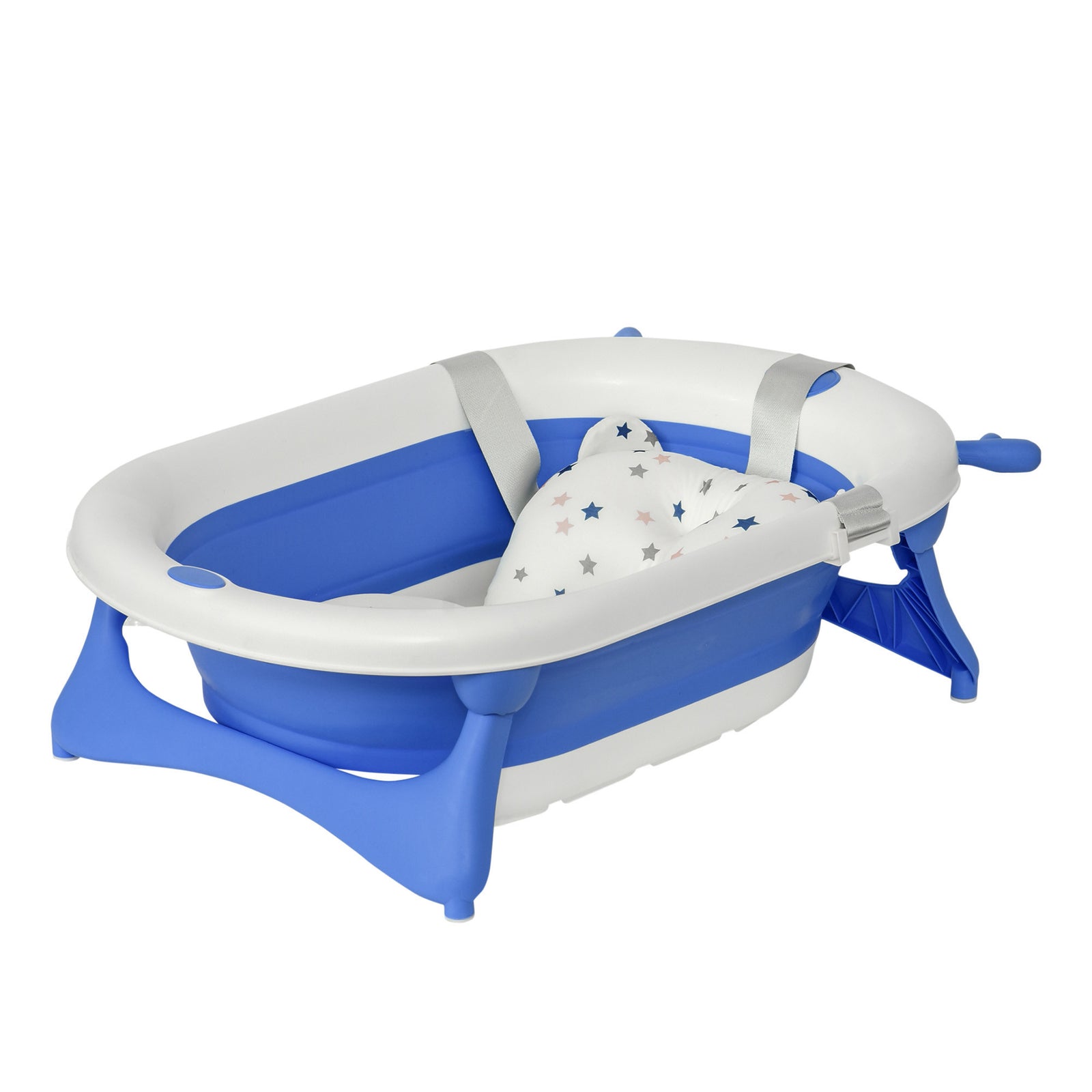 Foldable Baby Bathtub Set, Collapsible Bath Tub with Thermostatic Water Plug, Non-Slip Support, Cushion Pad, Drain Plugs, for Newborn to 3 Years - Blue