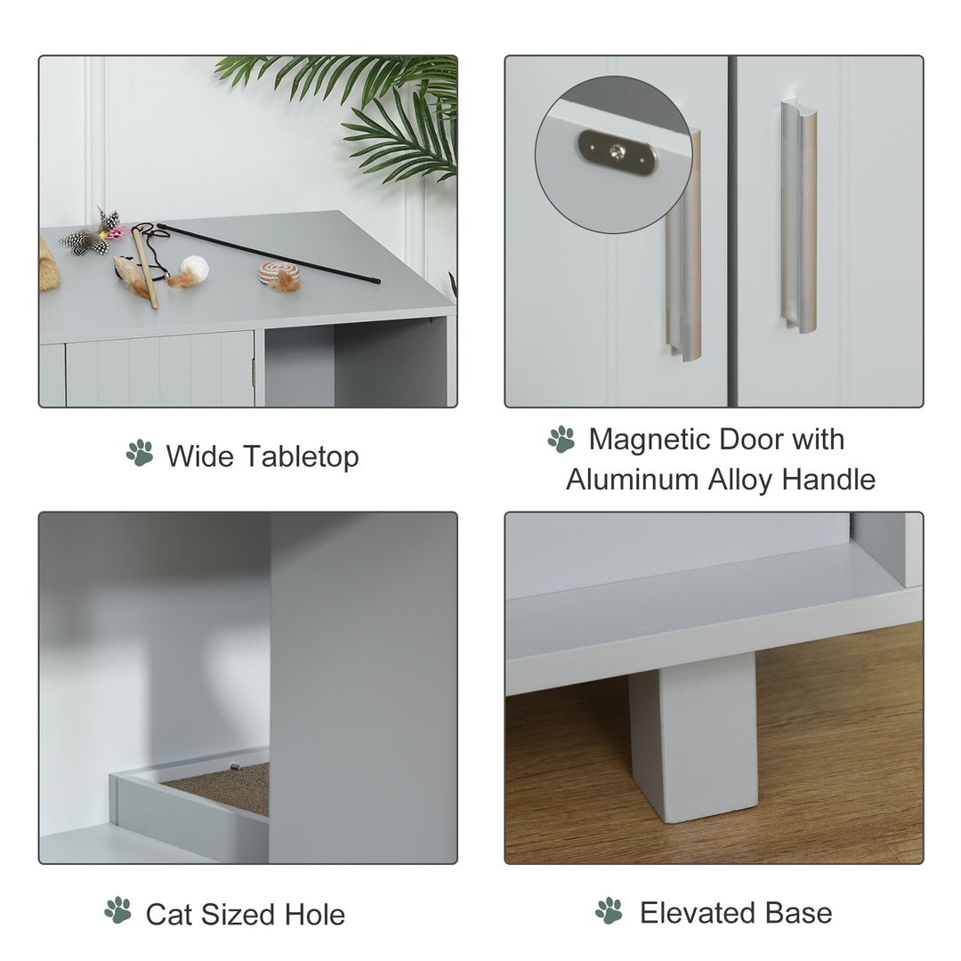 MCL Wooden Cat Litter Box Enclosure & House with Nightstand/End Table Design, Scratcher, & Magnetic Doors, Grey