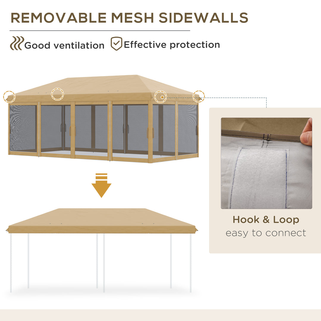 3 x 6m Pop Up Gazebo, Outdoor Canopy Shelter, Marquee Party Wedding Tent with 6 Mesh Walls and Carry Bag, Beige