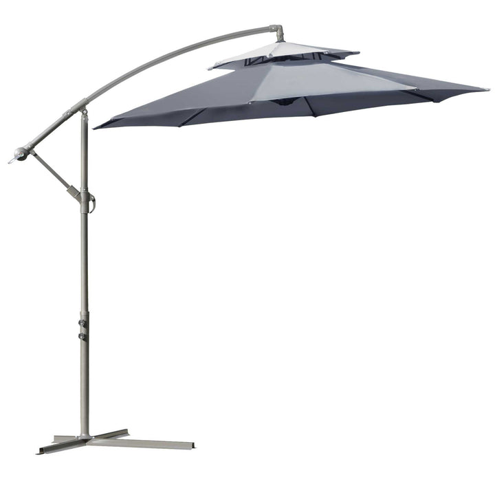 Outsunny 2.7m Garden Banana Parasol Cantilever Umbrella with Crank Handle, Double Tier Canopy and Cross Base, Hanging Sun Shade, Grey | Aosom UK